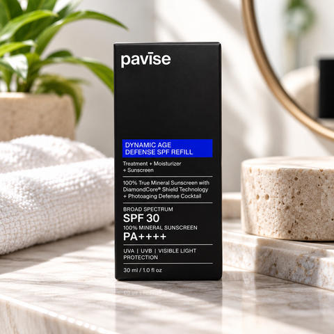 Pavise Dynamic Age Defense SPF 30 Refill 30ml mineral sunscreen ingredient infographic featuring zinc oxide, DiamondCore Shield Technology, and the Photoaging Defense Cocktail.