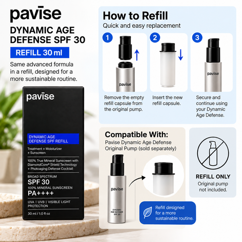 Pavise Dynamic Age Defense SPF 30 Refill 30ml mineral sunscreen in black packaging, displayed on an elegant marble bathroom vanity with natural lighting and premium skincare accessories.