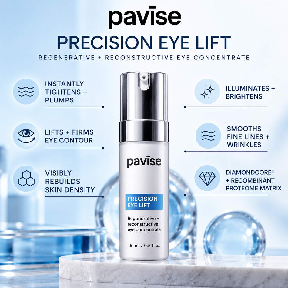Pavise Precision Eye Lift 15ml eye concentrate with DiamondCore and Recombinant Proteome Matrix, formulated to help firm, brighten, and smooth the eye contour.