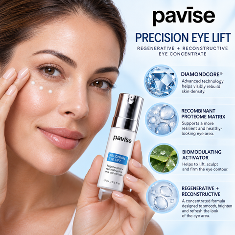 Pavise Precision Eye Lift 15ml eye concentrate shown with skincare application and key ingredients DiamondCore and Recombinant Proteome Matrix, formulated to improve the appearance of the eye contour.
