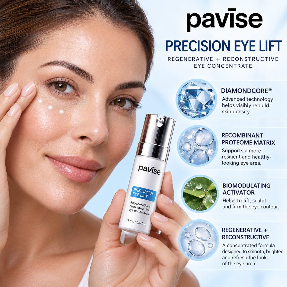 Pavise Precision Eye Lift 15ml eye concentrate shown with skincare application and key ingredients DiamondCore and Recombinant Proteome Matrix, formulated to improve the appearance of the eye contour.