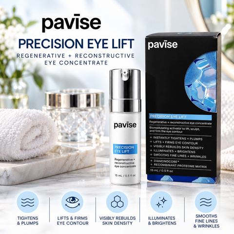 Pavise Precision Eye Lift 15ml eye concentrate displayed with its original black and blue packaging in a luxury skincare setting, formulated to help firm, brighten, and smooth the appearance of fine lines around the eyes.