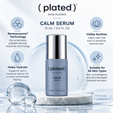 Plated Skin Science CALM Serum 15mL with blue textured packaging and matching serum bottle featuring a silver cap on a white background.