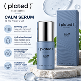 Plated Skin Science CALM Serum 15mL skincare infographic highlighting Renewosome technology, skin hydration, visibly soothing care, and suitability for all skin types.