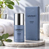 Plated Skin Science CALM Serum 15mL infographic featuring blue serum packaging, Renewosome technology, hydration support, soothing skincare benefits, and non-comedogenic formula.