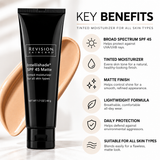 Revision Skincare Intellishade SPF 45 Matte Tinted Moisturizer 1.7 oz with key benefits including broad-spectrum sun protection, natural-looking tinted coverage, shine control, and lightweight formula.