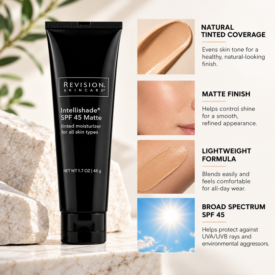 Revision Skincare Intellishade SPF 45 Matte Tinted Moisturizer 1.7 oz showing creamy tinted texture, natural-looking coverage, lightweight formula, matte finish, and broad-spectrum SPF 45 protection.