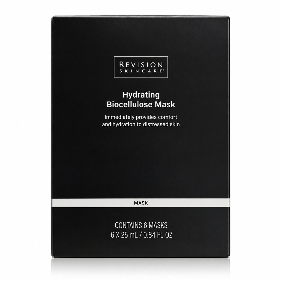 Revision Skincare Hydrating Biocellulose Mask, pack of 6 facial sheet masks, 25 mL each, in original black packaging on a white background.