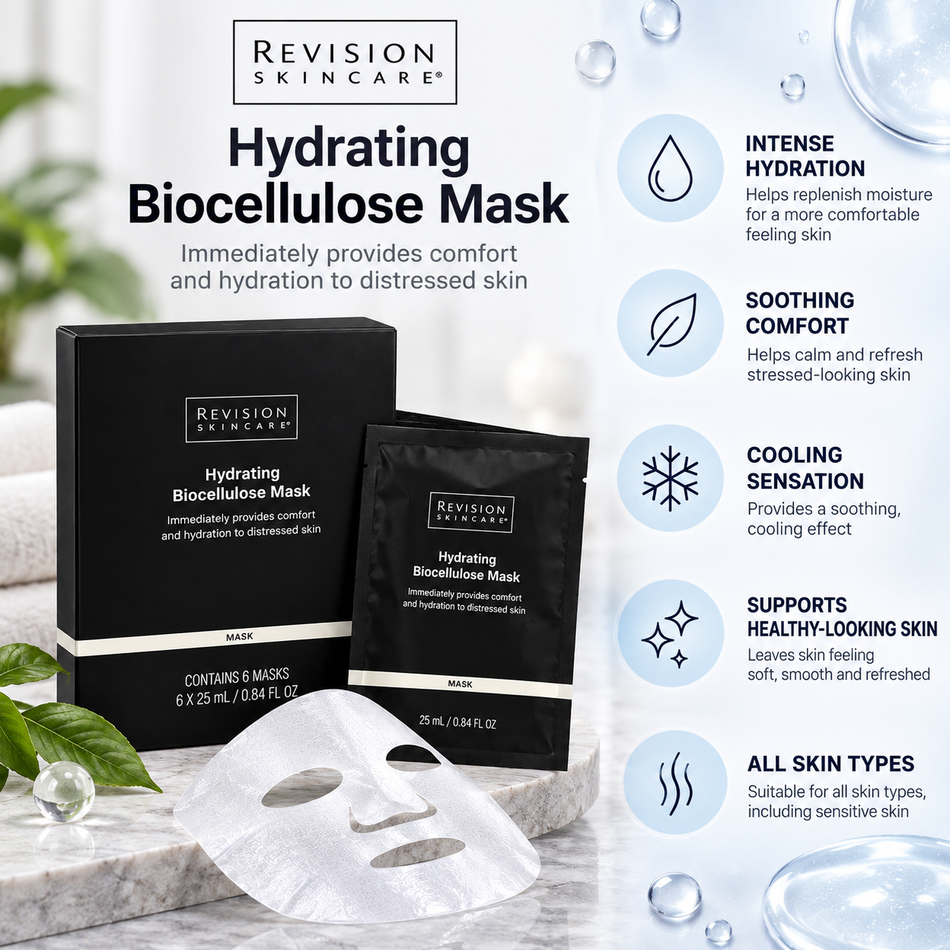 Revision Skincare Hydrating Biocellulose Mask 6-pack displayed with black product packaging, individual facial mask sachets, and a white biocellulose sheet mask.