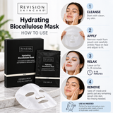 Revision Skincare Hydrating Biocellulose Mask benefits infographic featuring the 6-pack facial masks, skin hydration, soothing comfort, cooling sensation, and refreshed-looking skin.