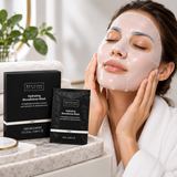 Revision Skincare Hydrating Biocellulose Mask application guide showing four steps: cleanse skin, apply the facial sheet mask, leave on for 5–15 minutes, and gently pat in remaining serum.