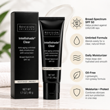 Revision Skincare Intellishade Clear SPF 50 untinted sunscreen moisturizer, 1.7 oz, highlighting broad-spectrum UVA/UVB protection, lightweight hydration, oil-free formula, and skincare benefits.