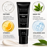 Revision Skincare Intellishade Clear SPF 50 daily sunscreen moisturizer, 1.7 oz, with an infographic highlighting peptides, vitamin C, green tea, and hyaluronic acid for skincare support and hydration.