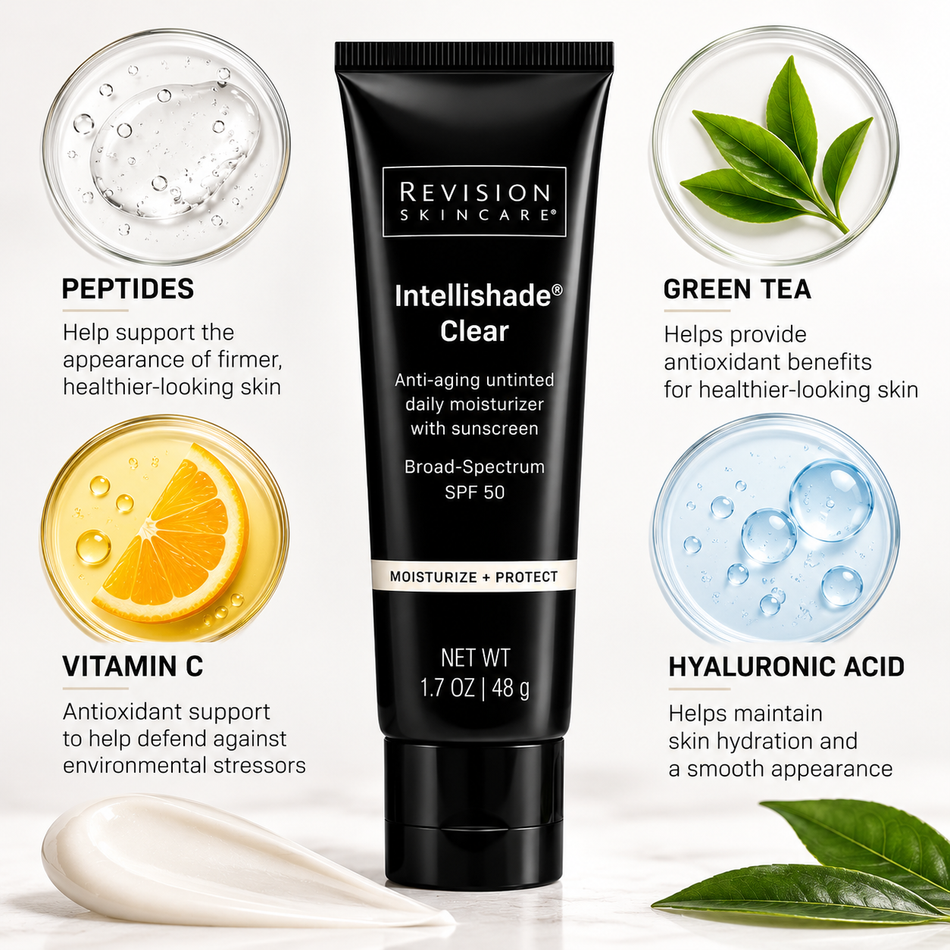 Revision Skincare Intellishade Clear SPF 50 daily sunscreen moisturizer, 1.7 oz, with an infographic highlighting peptides, vitamin C, green tea, and hyaluronic acid for skincare support and hydration.