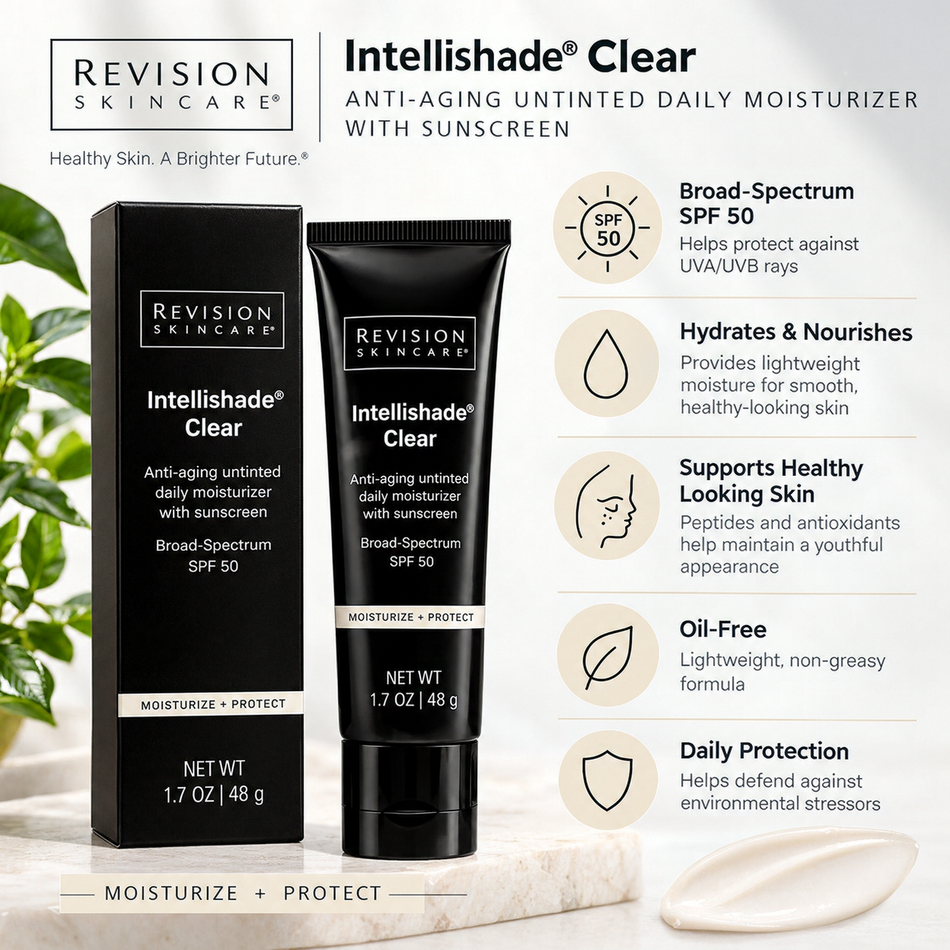 Revision Skincare Intellishade Clear SPF 50 untinted daily moisturizer, 1.7 oz, with broad-spectrum UVA/UVB protection, oil-free formula, and daily hydration benefits.