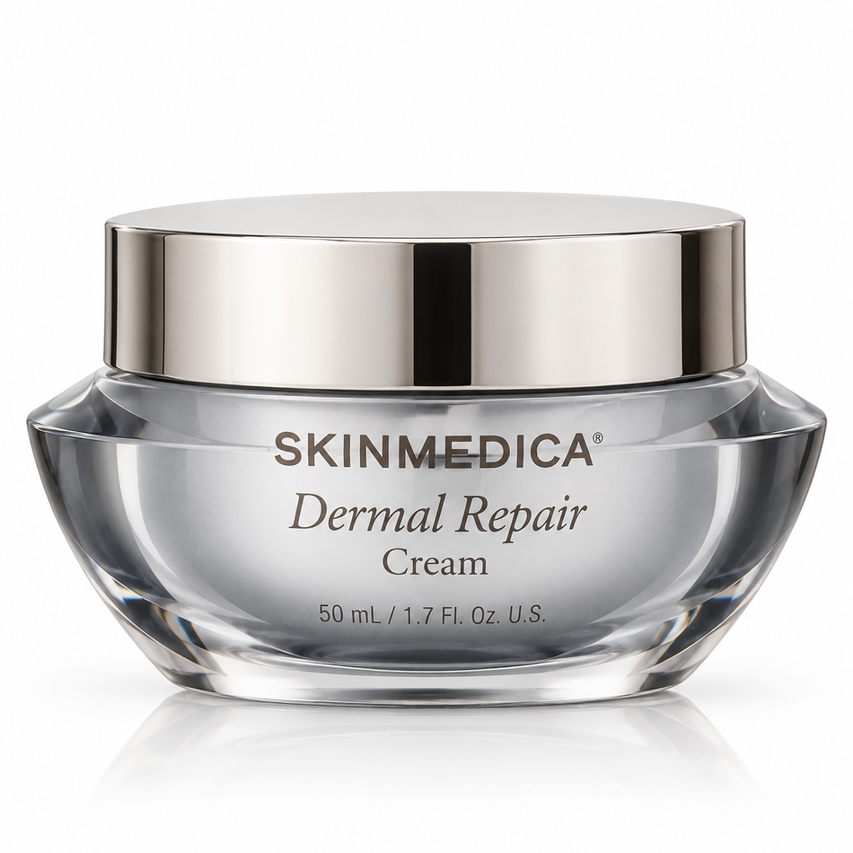 SkinMedica Dermal Repair Cream 1.7 oz (50 mL), rich facial moisturizer in a silver jar on a clean white background.