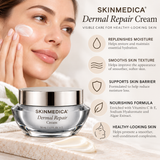 SkinMedica Dermal Repair Cream 1.7 oz facial moisturizer infographic highlighting hydration, smoother-looking skin, moisture barrier support, and nourishing ingredients.