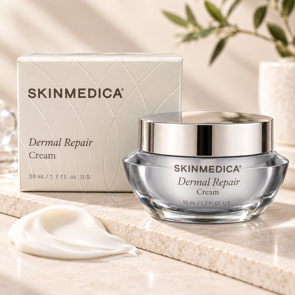 SkinMedica Dermal Repair Cream 1.7 oz (50 mL) facial moisturizer displayed with its ivory packaging, cream texture, and elegant skincare setting.