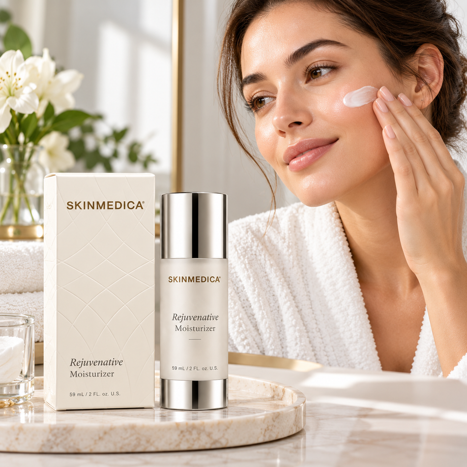 Woman applying facial moisturizer during her skincare routine with SkinMedica Rejuvenative Moisturizer 2 oz packaging displayed on a marble bathroom vanity.