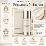 SkinMedica Rejuvenative Moisturizer 2 oz (59 mL) skincare infographic showing facial moisturizer application instructions, creamy texture, hydration benefits, and daily skincare use.