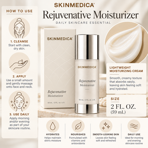 SkinMedica Rejuvenative Moisturizer 2 oz (59 mL) skincare infographic showing facial moisturizer application instructions, creamy texture, hydration benefits, and daily skincare use.