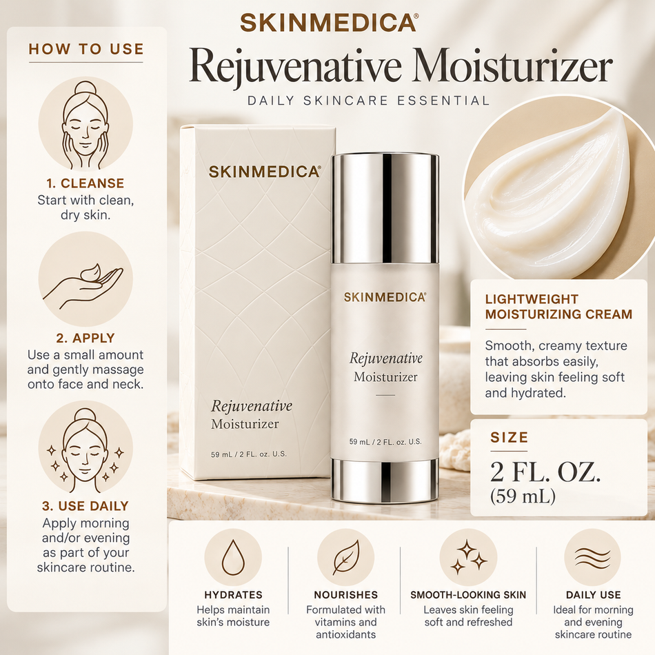 SkinMedica Rejuvenative Moisturizer 2 oz (59 mL) skincare infographic showing facial moisturizer application instructions, creamy texture, hydration benefits, and daily skincare use.