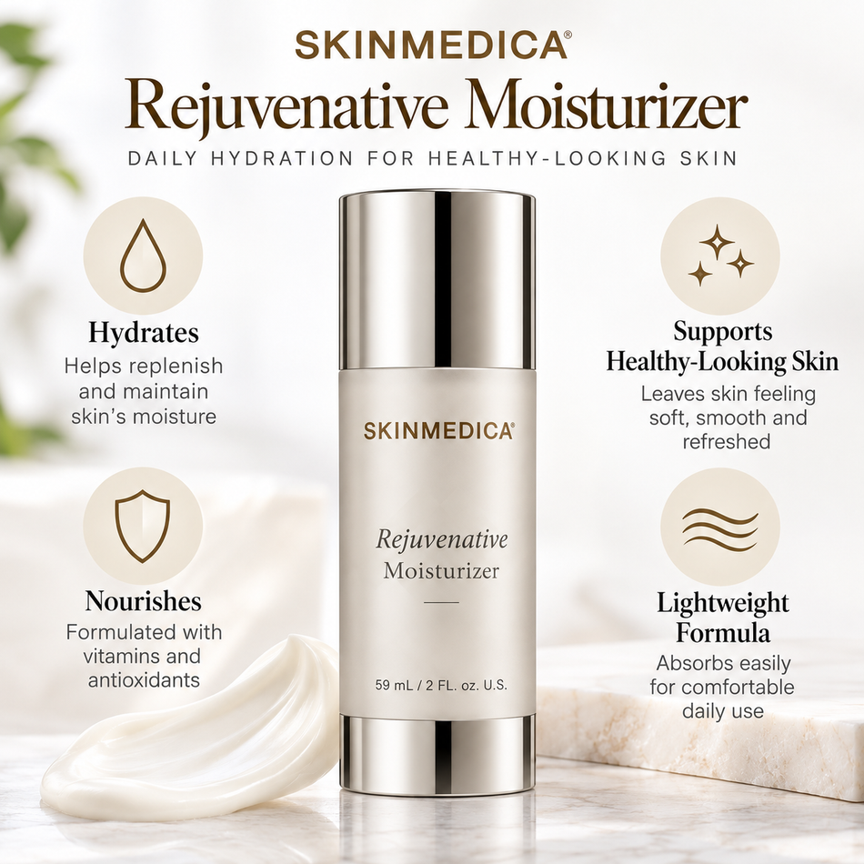 SkinMedica Rejuvenative Moisturizer 2 oz skincare benefits infographic highlighting hydration, nourishment, healthy-looking skin, and daily moisturizing care.