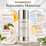SkinMedica Rejuvenative Moisturizer 2 oz ingredients infographic featuring vitamins A, C and E, sodium hyaluronate, shea butter, and antioxidant skincare benefits.
