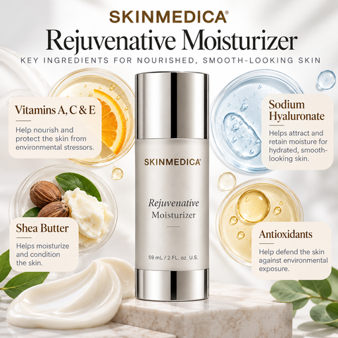 SkinMedica Rejuvenative Moisturizer 2 oz ingredients infographic featuring vitamins A, C and E, sodium hyaluronate, shea butter, and antioxidant skincare benefits.