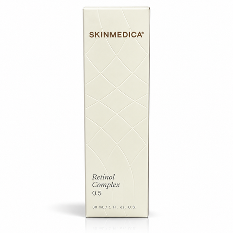 SkinMedica Retinol Complex 0.5, 1 oz (30 mL), skincare treatment in original ivory packaging with embossed diamond pattern, displayed on a clean white background.