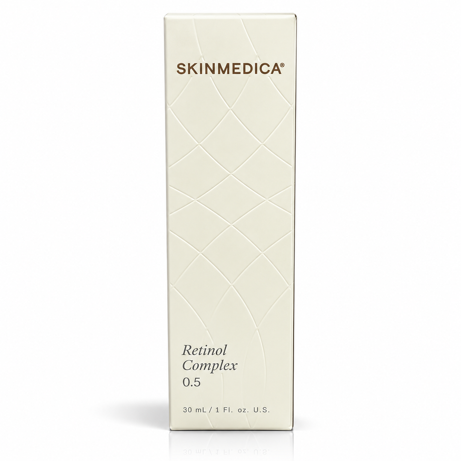 SkinMedica Retinol Complex 0.5, 1 oz (30 mL), skincare treatment in original ivory packaging with embossed diamond pattern, displayed on a clean white background.