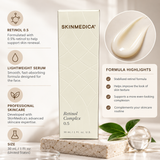 SkinMedica Retinol Complex 0.5, 1 oz (30 mL), product details infographic featuring 0.5% retinol, skincare formula highlights, skin texture benefits, and ivory product packaging.