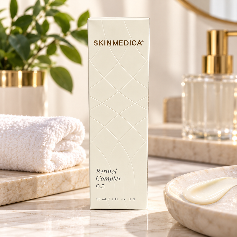 SkinMedica Retinol Complex 0.5, 1 oz (30 mL), displayed on a luxury marble bathroom vanity with white towels, green plants, and elegant skincare accessories.