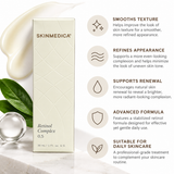 SkinMedica Retinol Complex 0.5 skincare treatment, 1 oz, with infographic highlighting smoother-looking skin texture, improved appearance of uneven skin tone, skin renewal, and stabilized retinol formula.