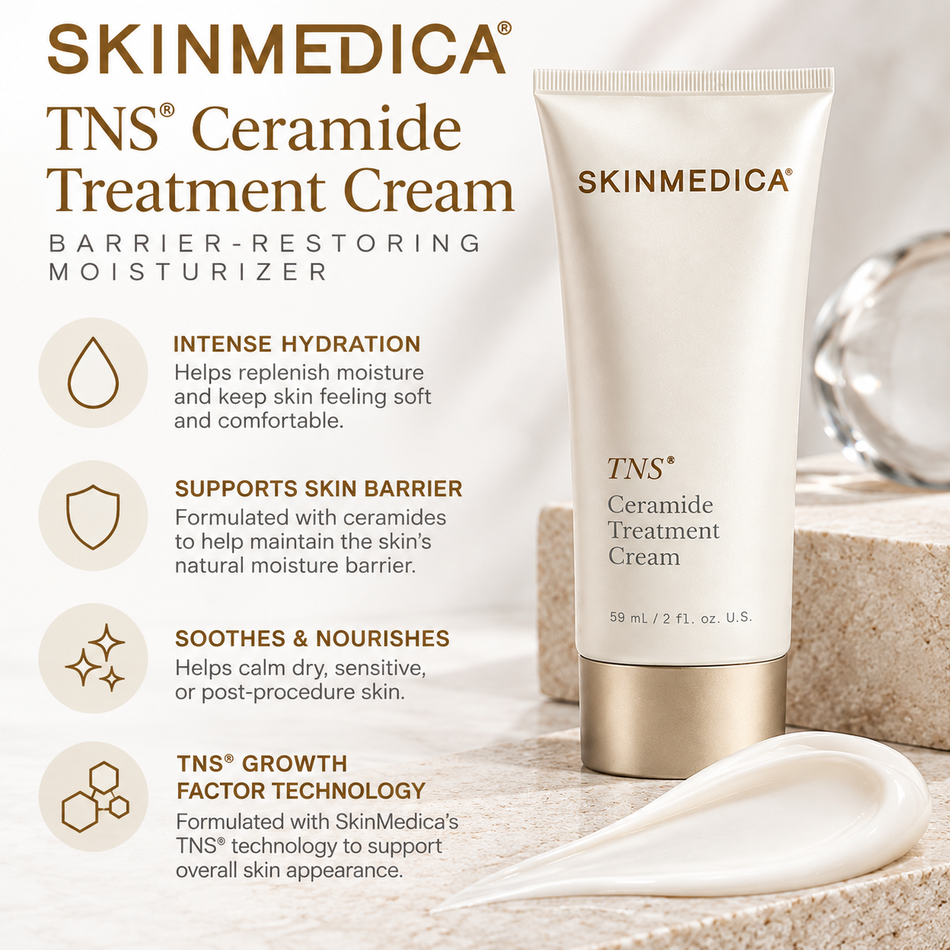 SkinMedica TNS Ceramide Treatment Cream 2 oz facial moisturizer featuring ceramides and TNS growth factor technology to support hydration, skin barrier function, and moisture balance.