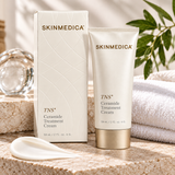 SkinMedica TNS Ceramide Treatment Cream 2 oz facial moisturizer with ivory packaging, cream texture, and elegant spa-inspired background for dry skin hydration and moisture barrier support.