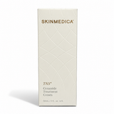 SkinMedica TNS Ceramide Treatment Cream 2 oz moisturizer infographic highlighting skin barrier support, moisture retention, hydration, and TNS growth factor technology.