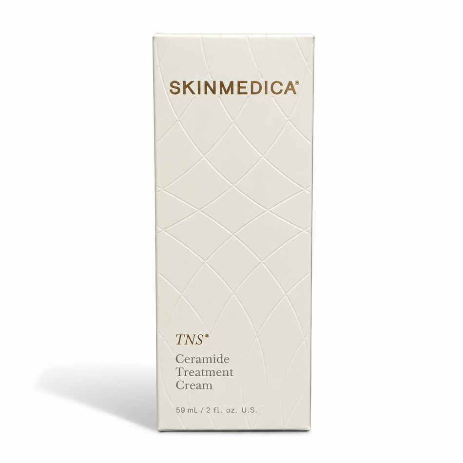 SkinMedica TNS Ceramide Treatment Cream 2 oz moisturizer infographic highlighting skin barrier support, moisture retention, hydration, and TNS growth factor technology.