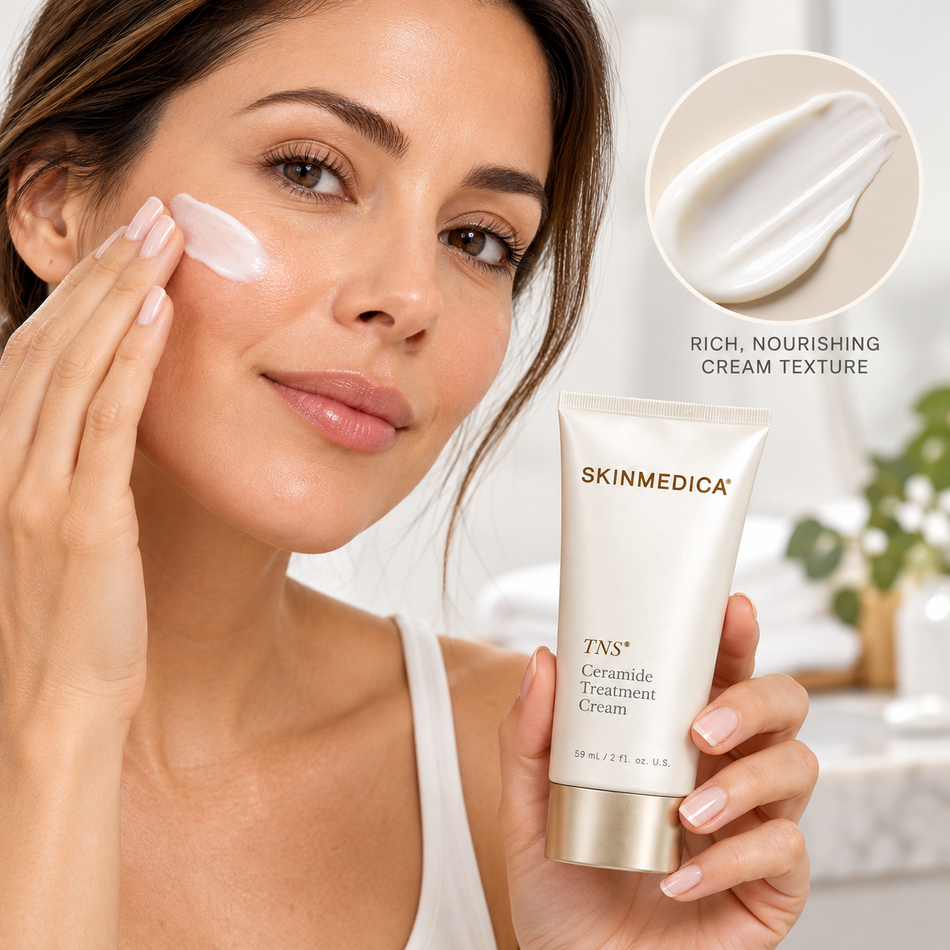 Woman applying facial moisturizer while holding SkinMedica TNS Ceramide Treatment Cream 2 oz, featuring a rich cream texture for hydrating dry skin and supporting the skin's moisture barrier.