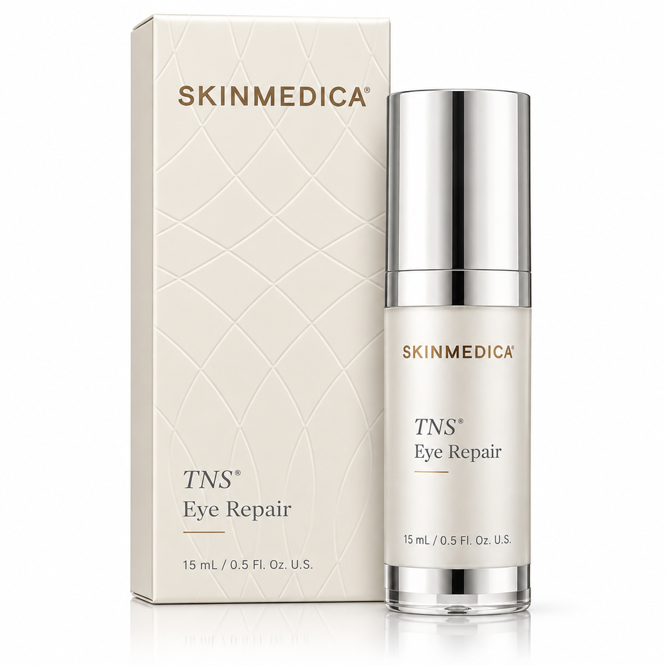 SkinMedica TNS Eye Repair 0.5 oz (15 mL) eye cream in original ivory packaging with embossed geometric design, front view on white background.