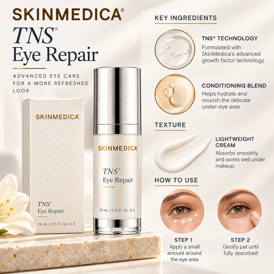 SkinMedica TNS Eye Repair 0.5 oz (15 mL) eye cream infographic illustrating TNS technology, creamy texture, and under-eye application steps.
