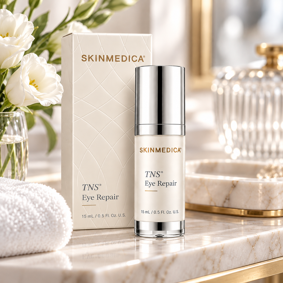 SkinMedica TNS Eye Repair 0.5 oz (15 mL) eye cream displayed with matching ivory packaging, white flowers, and a soft towel on a luxury marble skincare vanity.